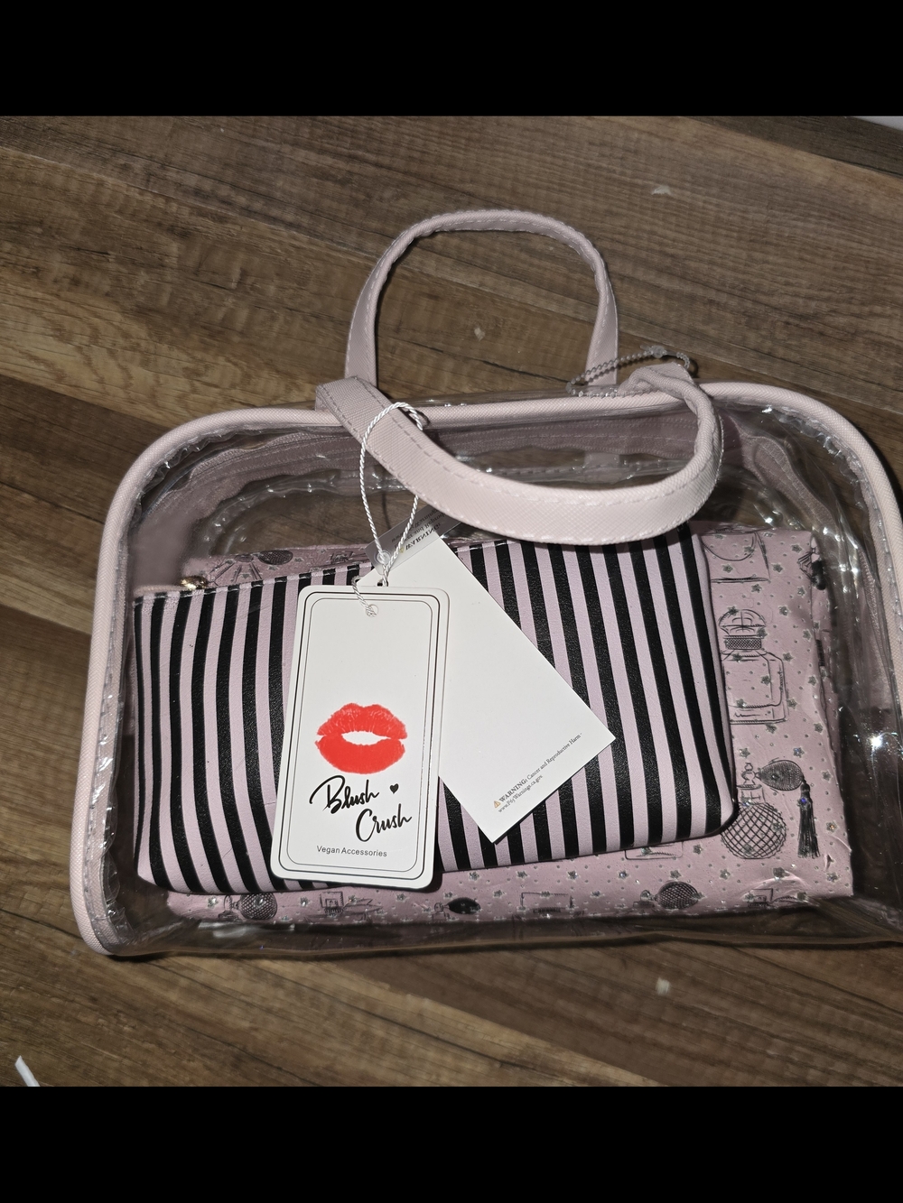 Blush Crush 3 Pc Pink Clear Tote with Striped Pouch